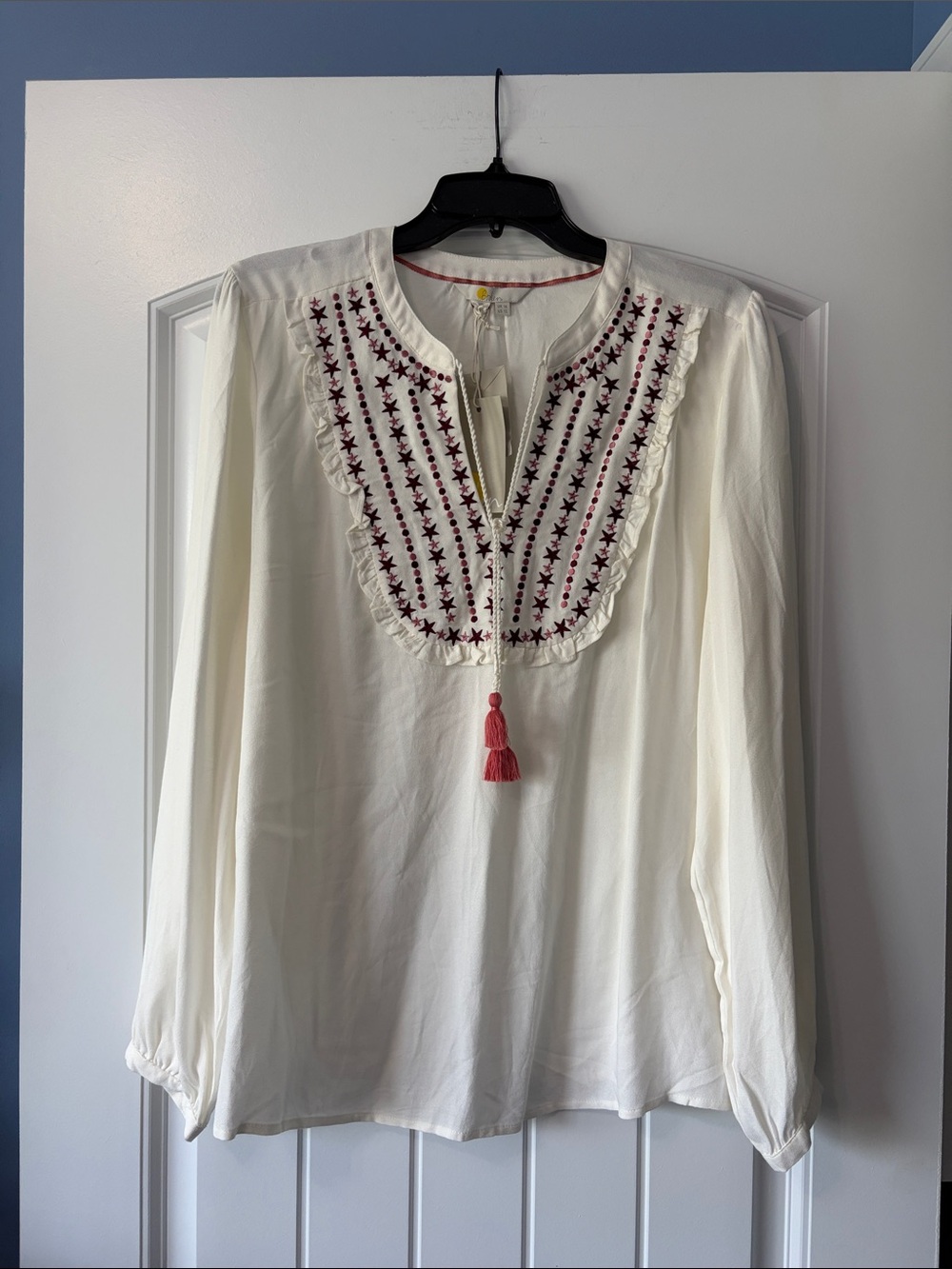 Boden Cream Embroidered Peasant Blouse with Pink Tassel NWT 12